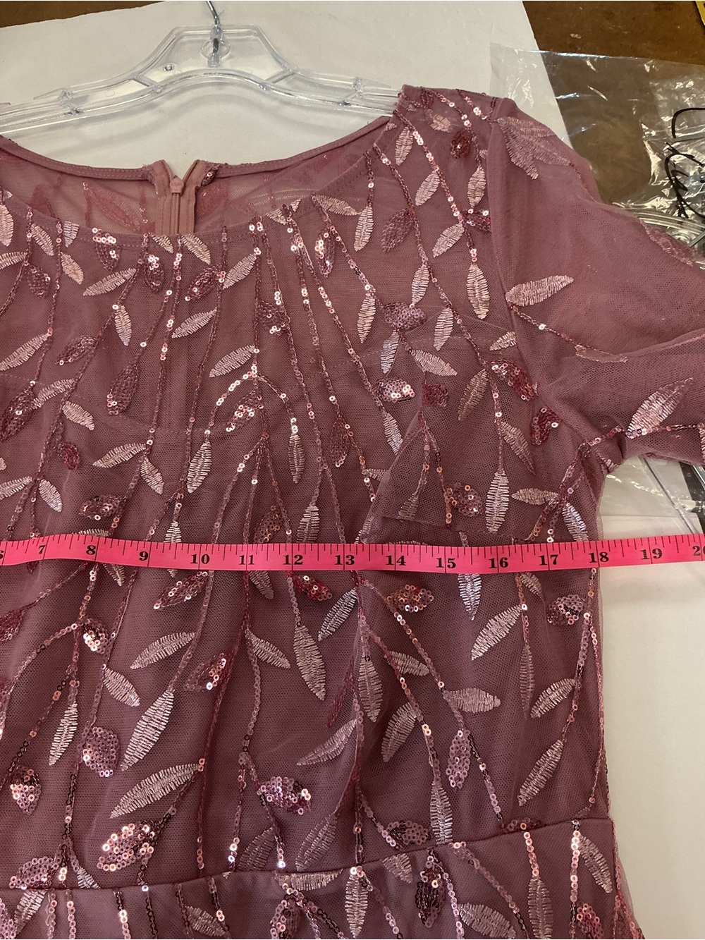 Sequin Leaf Embroidered Mermaid Gown Mauve 3/4 Sleeve Formal Dress S - Picture 10 of 13